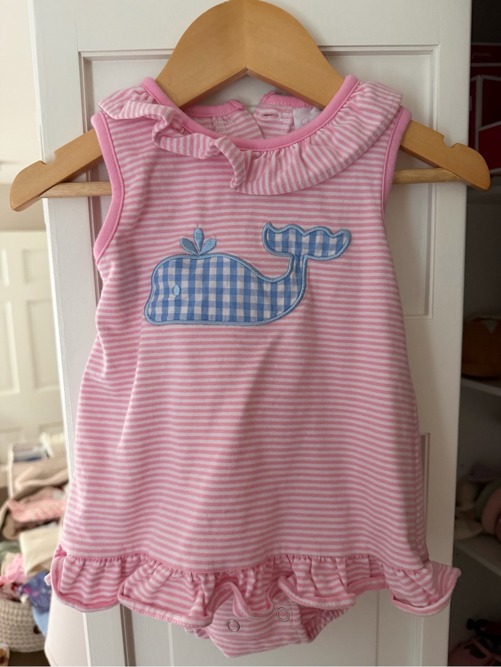 Stitchy fish pink Striped Baby Romper with Blue Whale